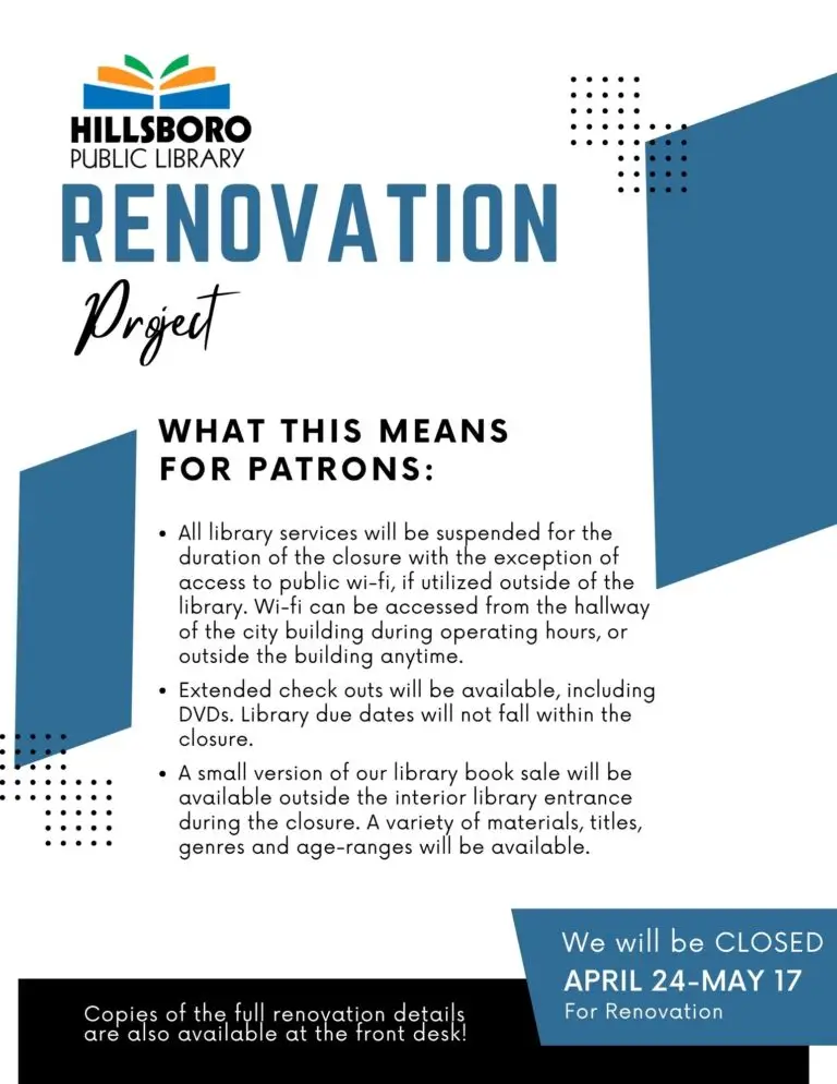 Renovation project: services suspended and closure for completion. Extended checkouts and book sale. Closed April 24 - May 17.